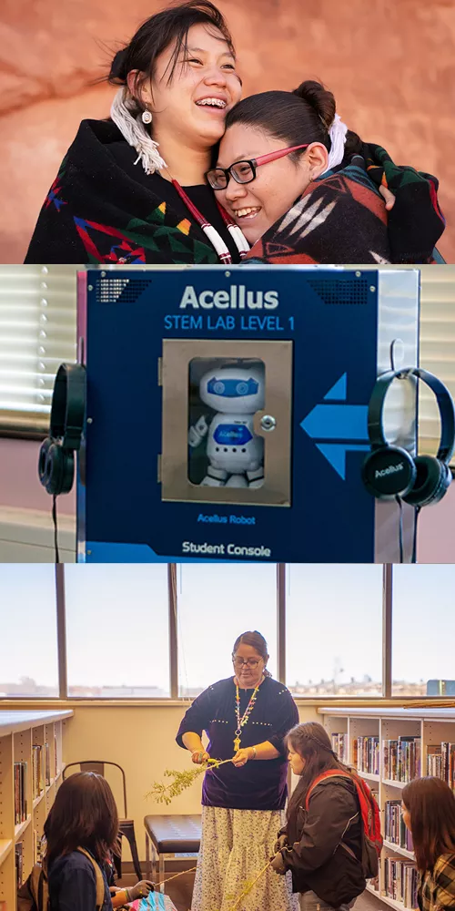 Collage of students and classroom. Two female students wearing native clothes embracing. Acellus STEM Lab Level 1 robot display. Female teacher in library with three female students.