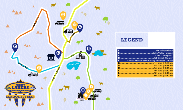 Lake Valley bus schedule map displaying 6 bus stops starting at 6:15am -7:40am.