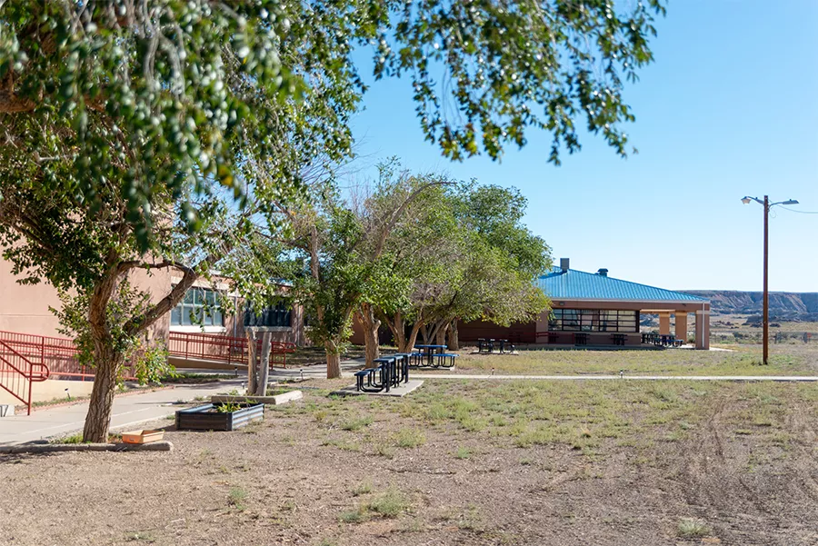 Lake Valley School exterior. A brick building with blue metal roof and trees shading the sidewalk. 