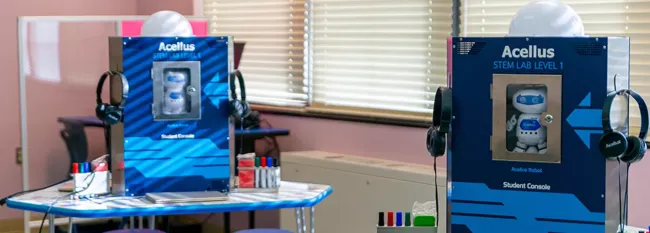 Display of STEM tools on two tables. 